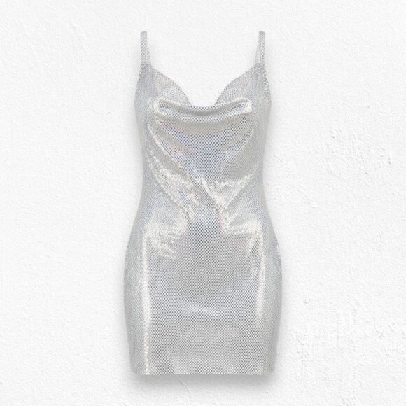 House of Harlow 1960 Dresses & Skirts - House of Harlow Iridescent Metal Mesh Disco Mini Dress Drape Neck Size Small NWT